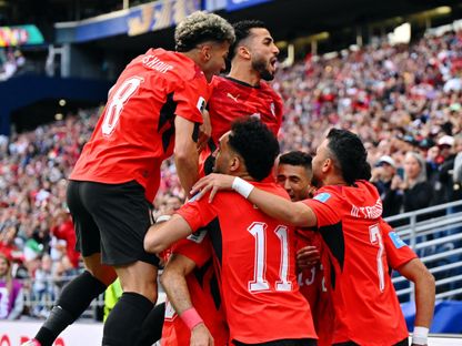 لاعبو مصر يحتفلون بهدف محمود صابر في مرمى إيران في كأس العالم - 27 يونيو 2026 - IMAGN IMAGES via Reuters Connect