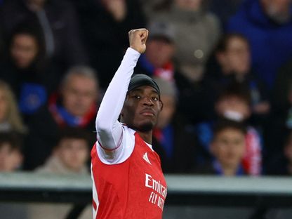 نوني مادويكي لاعب أرسنال يحتفل بهدفه أمام كلوب بروج في دوري أبطال أوروبا - 10 ديسمبر 2025 - Reuters