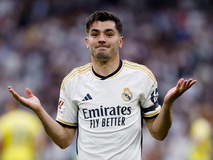 النجم المغربي براهيم دياز مهاجم ريال مدريد يحتفل بهدفه في شباك قادش - 4 مايو 2024 - Reuters