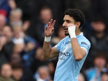 عمر مرموش مهاجم مانشستر سيتي يحتفل بهدفه في مرمى برينتفورد في الدوري الإنجليزي الممتاز - 9 مايو 2026 - Reuters
