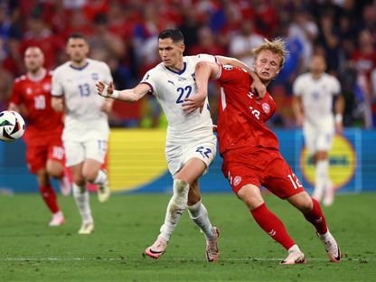 صراع على الكرة بين لاعبي الدنمارك وصربيا خلال مواجهة المنتخبين في يورو 2024 - 25 يونيو 2024 - REUTERS