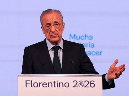 رئيس ريال مدريد فلورنتينو بيريز لدى إطلاق حملته الانتخابية في فندق بالعاصمة الإسبانية - 27 مايو 2026 - REUTERS