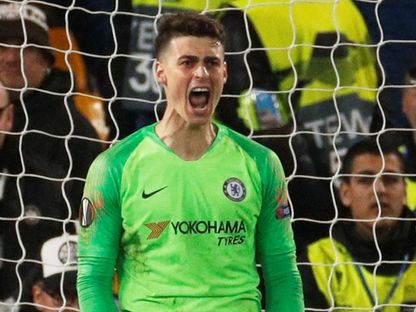 حارس تشيلسي كيبا أريزابالاغا بعد تصديه لركلة ترجيح خلال مباراة ضد آينتراخت فرانكفورت في الدوري الأوروبي - 9 مايو 2019 - Reuters 