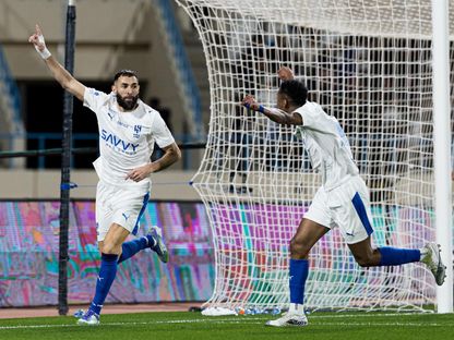 كريم بنزيما مهاجم الهلال يحتفل بهدفه في مرمى الأخدود - 5 فبراير 2026 - X/@Alhilal_FC