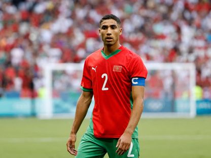 أشرف حكيمي في مباراة المغرب وأوكرانيا في أولمبياد باريس 2024 - 27 يوليو 2024 - Reuters