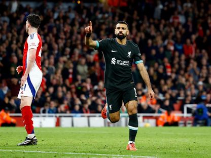محمد صلاح يحتفل بالتسجيل مع ليفربول ضد أرسنال في الدوري الإنجليزي - 27 أكتوبر 2024 - Action Images Via Reuters