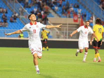 احتفال إلياس الغربي لاعب تونس بتسجيل هدف في مرمى ساو تومي بتصفيات كأس العالم 2026 - 10 أكتوبر 2025 - FB/@Équipe Nationale Tunisienne