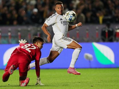 كيليان مبابي لاعب ريال مدريد يسجل الهدف الثاني بمواجهة كايرات ألماتي في دوري أبطال أوروبا - 30 سبتمبر 2025 - Reuters