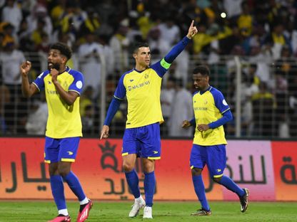 النجم البرتغالي كريستيانو رونالدو بعد تسجيله هدفاً لنادي "النصر" في مرمى نادي "الوحدة" بالدوري السعودي - 9 فبراير 2023 - Twitter/@AlNassrFC