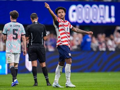 ويستون ماكيني يحتفل بهدف لأميركا ضد بلجيكا ودياً - 28 مارس 2026 - Reuters