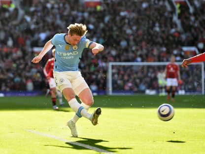 كيفن دي بروين لاعب مانشستر سيتي خلال مواجهة مانشستر يونايتد في الدوري الإنجليزي الممتاز - 6 أبريل 2025 - REUTERS