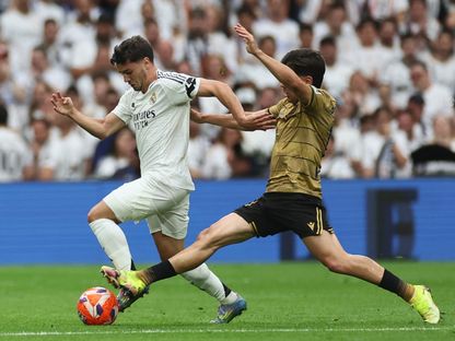 براهيم دياز خلال مباراة بين ريال مدريد وريال سوسيداد بالدوري الإسباني - 24 مايو 2025 - Reuters