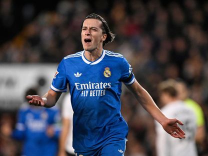 ألفارو كاريراس يحتفل بهدفه مع ريال مدريد بمرمى فالنسيا في الدوري الإسباني - 8 فبراير 2026 - Reuters