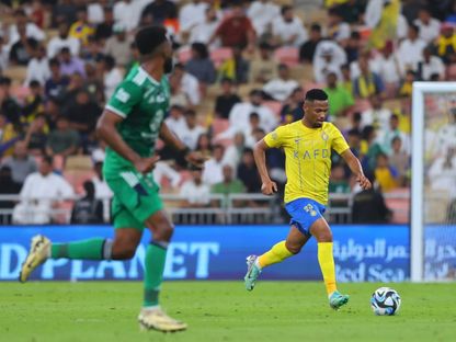 أيمن يحيى مدافع النصر خلال مواجهة الأهلي في الدوري السعودي - 15 مارس 2024 - X/@AlNassrFC