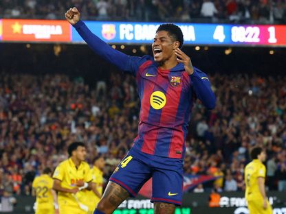 لاعب برشلونة ماركوس راشفورد يحتفل بالتسجيل ضد إسبانيول في الدوري الإسباني - 11 أبريل 2026 - Reuters