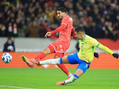 حازم المستوري مهاجم منتخب تونس لحظة تسجيل هدف في مرمى البرازيل - 18 نوفمبر 2025 - FB/@Équipe Nationale Tunisienne