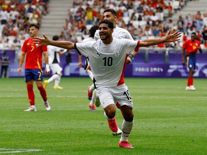 إبراهيم عادل لاعب منتخب مصر الأولمبي يحتفل بعد تسجيله هدفاً في شباك إسبانيا بأولمبياد باريس - 30 يوليو 2024 - REUTERS