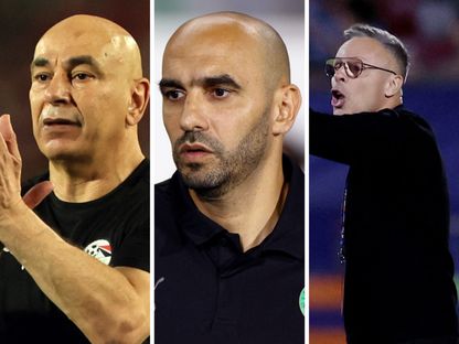 مدرب المغرب تحت 20 عاماً محمد وهبي ووليد الركراكري مدرب المنتخب الأول المغربي ومدرب مصر حسام حسن في صورة مُركبة - الشرق