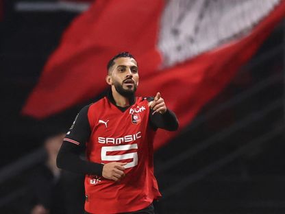 موسى التعمري يحتفل بتسجيله هدفاً لرين في مرمى باريس سان جيرمان بالدوري الفرنسي - 13 فبراير 2026 - REUTERS