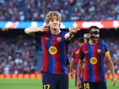 أنطوني غوردون يحتفل بهدفه خلال مباراة برشلونة وخيتافي بالدوري الإسباني - 10 أكتوبر 2026 - Reuters