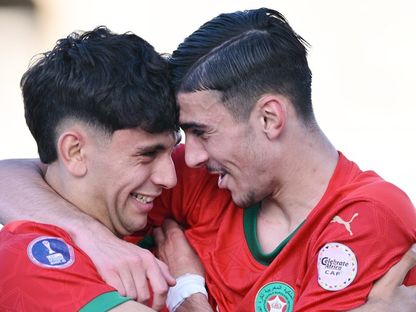 لاعبو المغرب يحتفلون بتسجيل هدف في مرمى تونس في كأس إفريقيا تحت 20 عاماً - 7 مايو 2025 - X/@EnMaroc