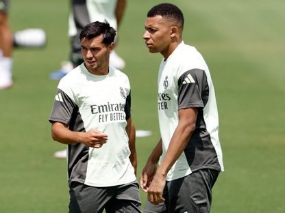 براهيم دياز وكيليان مبابي في تدريبات ريال مدريد قبل مواجهة سالزبورغ في كأس العالم للأندية - 25 يونيو 2025 - Reuters