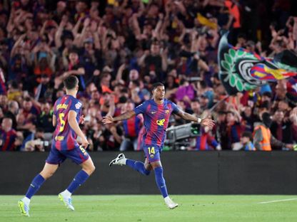 ماركوس راشفورد مهاجم برشلونة يحتفل بتسجيل هدف في الكلاسيكو أمام ريال مدريد ضمن الدوري الإسباني - 10 مايو 2026 - REUTERS