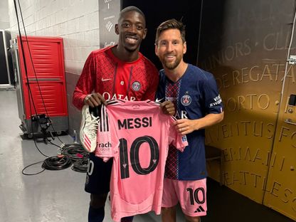 عثمان ديمبيلي وليونيل ميسي بعد مباراة باريس سان جيرمان وإنتر ميامي بكأس العالم للأندية - 29 يونيو 2025 - X/dembouz