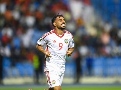 حارب عبد الله لاعب منتخب الإمارات يحتفل بهدفه في شباك نيبال - 6 يونيو 2024 - X/UAEFNT