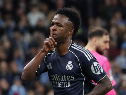 فينيسيوس جونيور يحتفل بعد تسجيله هدفاً لريال مدريد في شباك مانشستر سيتي بدوري أبطال أوروبا - 17 مارس 2026 - REUTERS