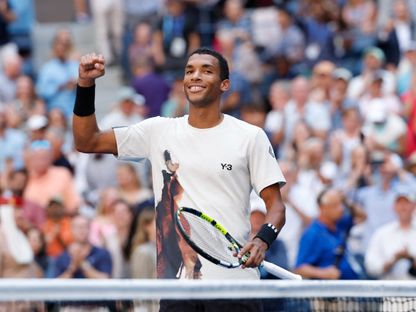 الكندي فيلكس أوجيه ألياسيم يحتفل بفوزه على أليكس دي مينو وبلوغ نصف نهائي أميركا المفتوحة للتنس - 3 سبتمبر 2025 - IMAGN IMAGES via Reuters Connect