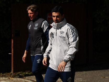 ميكيل أرتيتا مدرب أرسنال في حصة تدريبية قبل مواجهة سبورتينغ في ذهاب ربع نهائي دوري أبطال أوروبا - 6 أبريل 2026 - Reuters