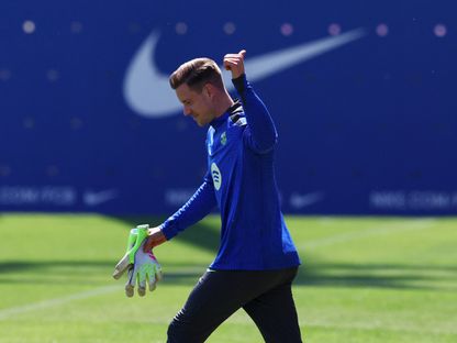 مارك أندريه تير شتيغن خلال تدريب لبرشلونة - 29 أبريل 2025 - Reuters