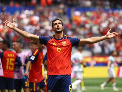 ميكيل ميرينو يحتفل بتسجيله هدفاً لإسبانيا في مرمى بلجيكا بكأس العالم - 10 يوليو 2026 - REUTERS