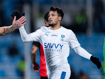 احتفال ماركوس ليوناردو بتسجيل هدف للهلال في مرمى الرياض بالدوري السعودي - 25 يناير 2026 - X/@Alhilal_FC