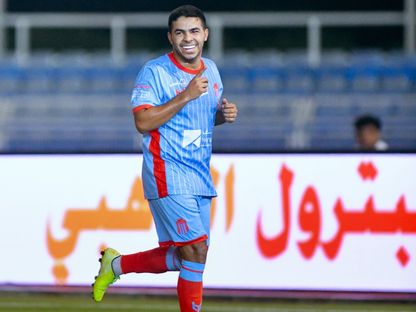 احتفال يحي الشهري لاعب الرياض بتسجيل هدف في مرمى الجبيل بكأس الملك - 24 سبتمبر 2025 - X/@@KingCupSA