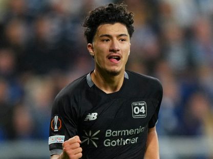 إبراهيم مازة يحتفل بهدفه في مباراة ليخ بونزان وباير ليفركوزن بالدوري الأوروبي - 15 أكتوبر 2026 - Reuters