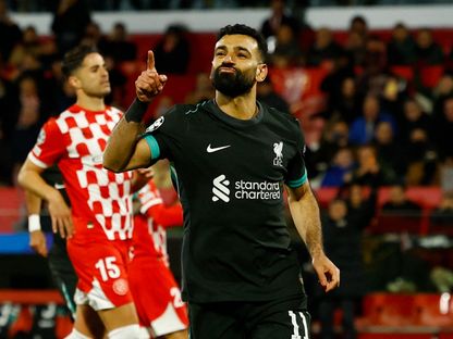 محمد صلاح مهاجم ليفربول يحتفل بهدفه في مباراة جيرونا بدوري أبطال أوروبا - 10 ديسمبر 2024 - Reuters