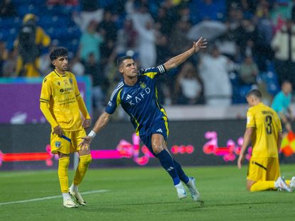 النجم البرتغالي كريستيانو رونالدو قائد فريق النصر السعودي يحتفل بهدفه في شباك التعاون - 14 أغسطس 2024 - X/SaudiSuperCup