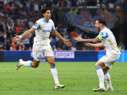 نايف أكرد يحتفل بهدفه في مباراة مارسيليا ولوريون بالدوري الفرنسي - 12 سبتمبر 2025 - Reuters