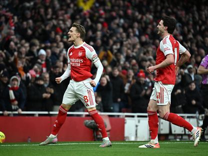 مارتن أوديغارد يحتفل بهدفه في مباراة أرسنال وبرايتون بالدوري الإنجليزي الممتاز - 27 ديسمبر 2025 - Reuters