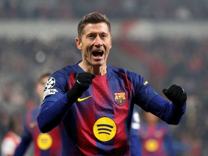 روبرت ليفاندوفسكي بعد تسجيله هدفاً لبرشلونة في مرمى سلافيا براغ بدوري أبطال أوروبا - 21 يناير 2026 - REUTERS