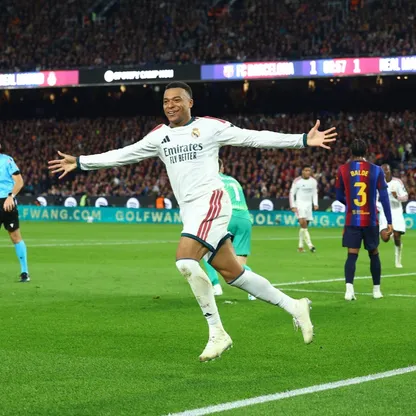كيليان مبابي يحتفل بهدفه في مباراة ريال مدريد وبرشلونة بالدوري الإسباني - 25 أكتوبر 2026