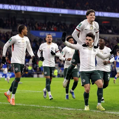 احتفال لاعبي تشيلسي بعد تسجيل بيدرو نيتو الهدف الثاني في شباك كارديف سيتي - 16 ديسمبر 2025