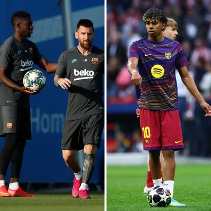 صورة مركبة ليامال وميسي وعثمان ديمبيلي في تدريبات برشلونة