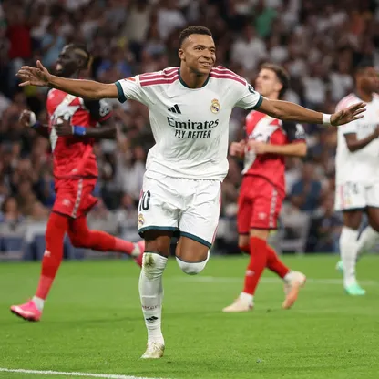 كيليان مبابي مهاجم ريال مدريد يحتفل بهدفه في مرمى رايو فايكانو في الدوري الإسباني - 12 سبتمبر 2026
