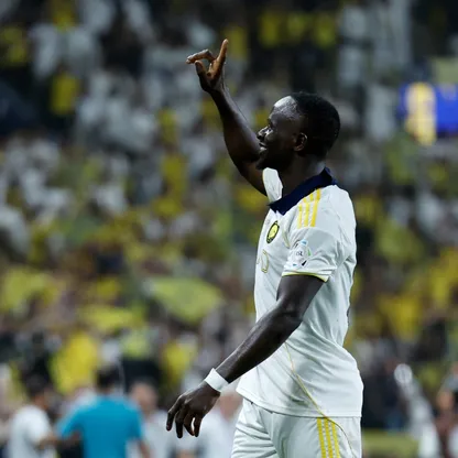 ساديو ماني مهاجم النصر يحتفل بهدفه في مرمى ضمك في الدوري السعودي - 21 مايو 2026