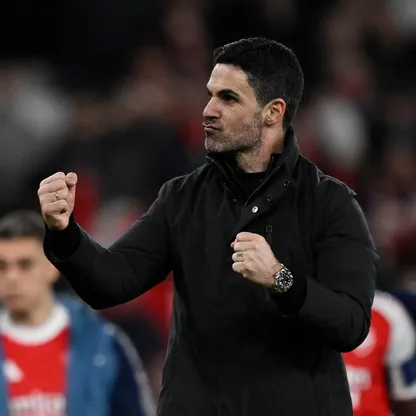 مدرب أرسنال ميكيل أرتيتا يحتفل بعد مباراة باير ليفركوزن في إياب دور 16 لدوري أبطال أوروبا - 17 مارس 2026