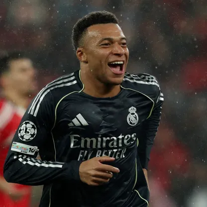 هداف ريال مدريد كيليان مبابي يحتفل بهدفه في مرمى بنفيكا في مرحلة الدوري بدوري أبطال أوروبا - 29 يناير 2026