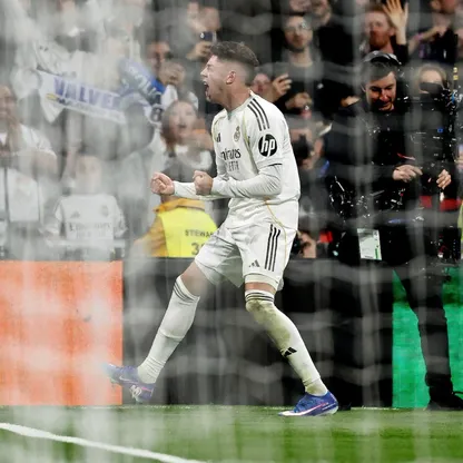 فيدريكو فالفيردي لاعب ريال مدريد يحتفل بالتسجيل ضد أتلتيكو مدريد - 22 مارس 2026